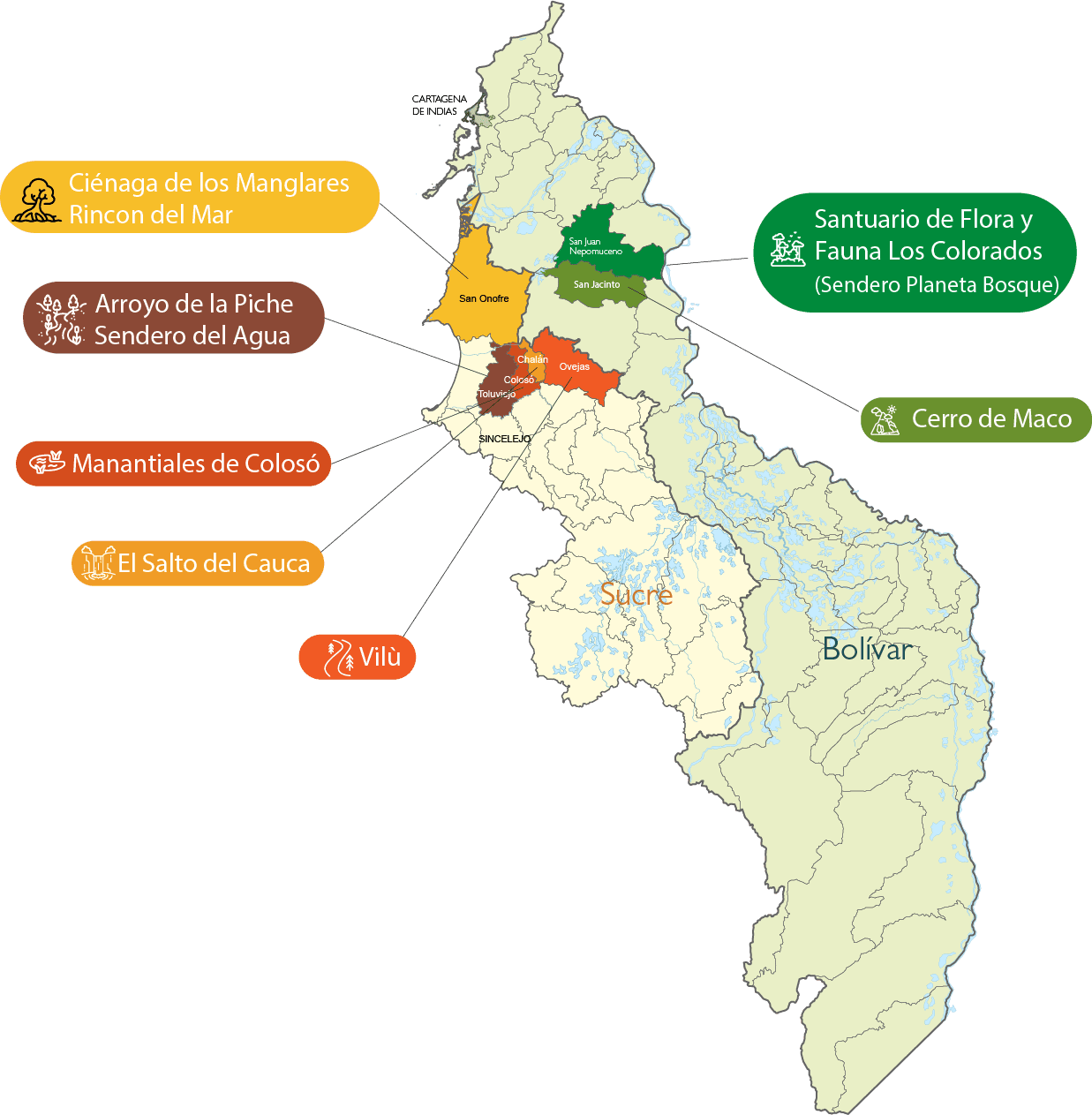 Mapa de la geografía de Montes de María y sus municipios